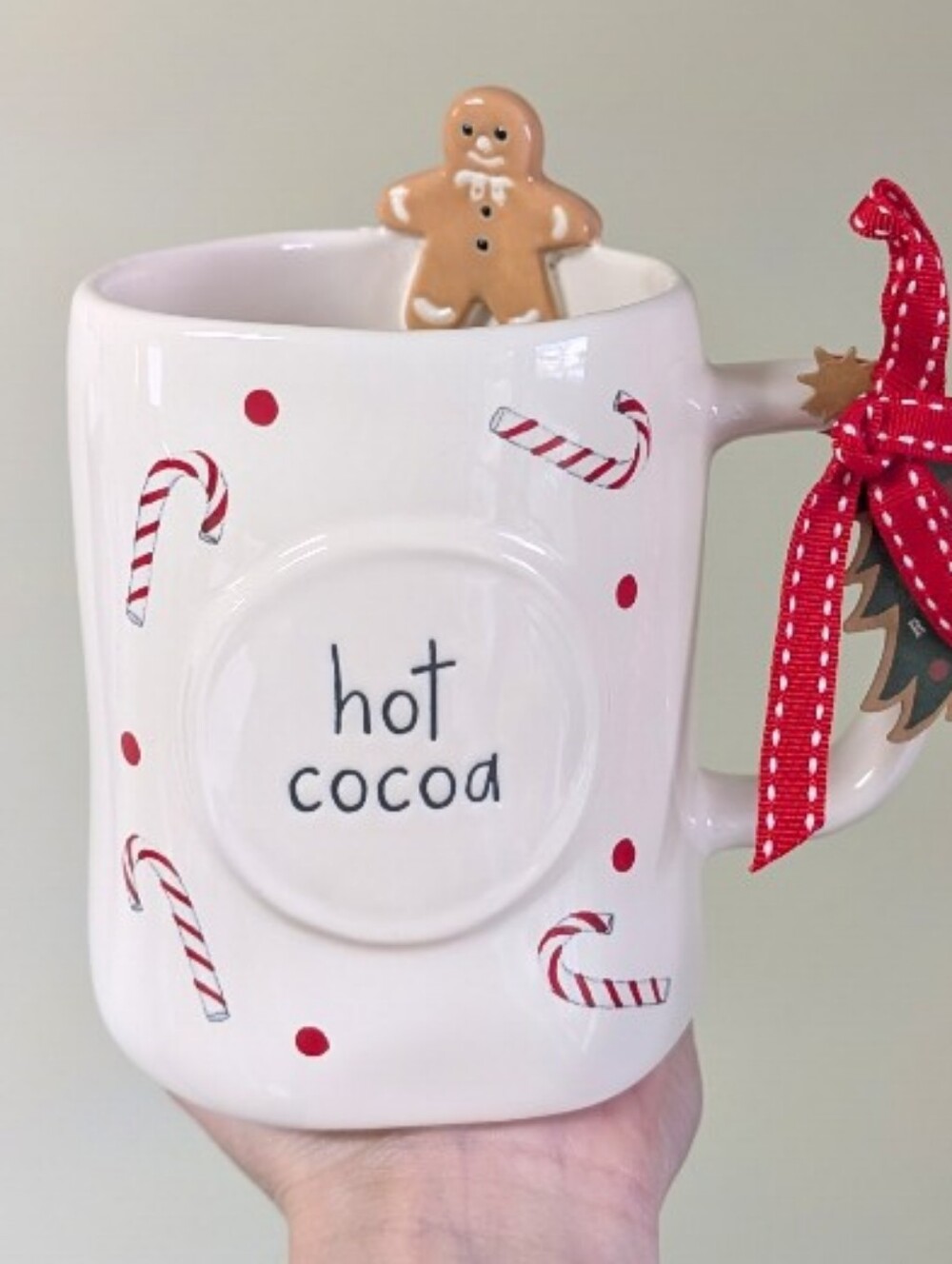 Rae Dunn HOT COCOA Mug with Gingerbread Man Figural & Allover Candy Cane Design☕